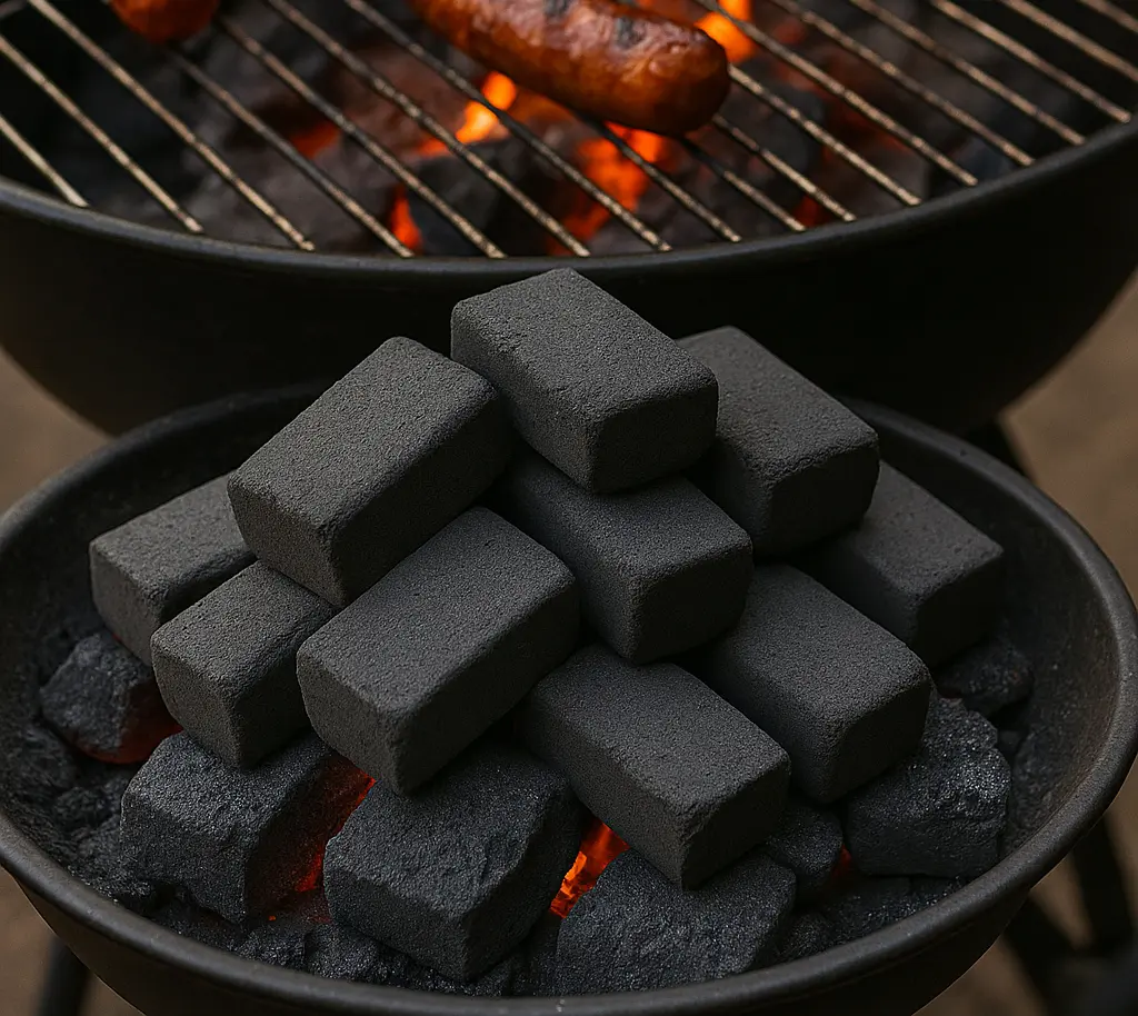 Chef grilling meat with coconut charcoal briquettes on a BBQ