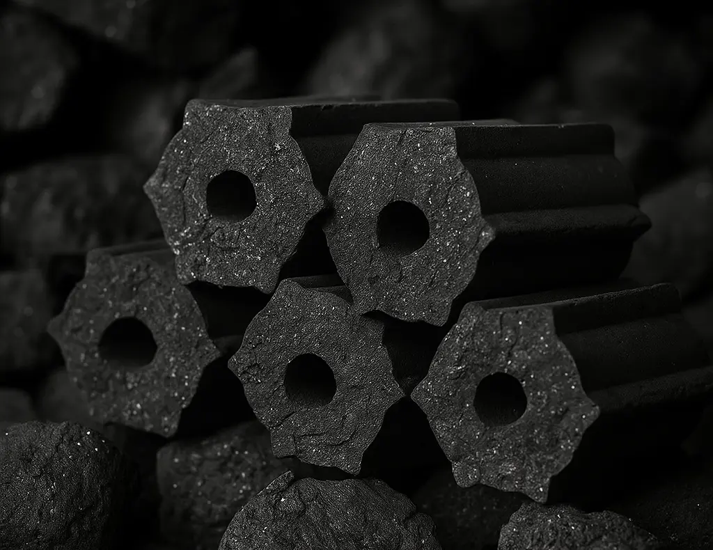 Glowing BBQ coconut charcoal briquettes with grill marks on meat in background