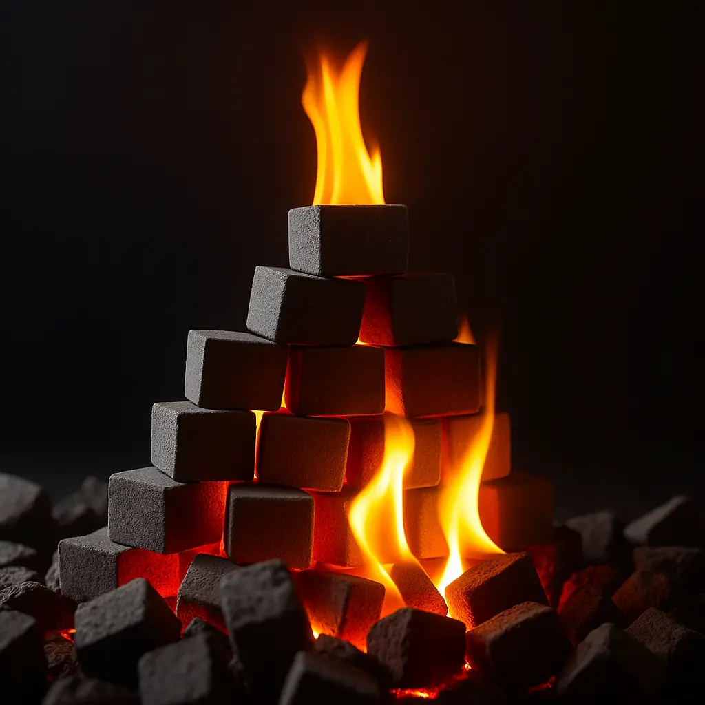 Premium coconut charcoal briquettes glowing with fire
