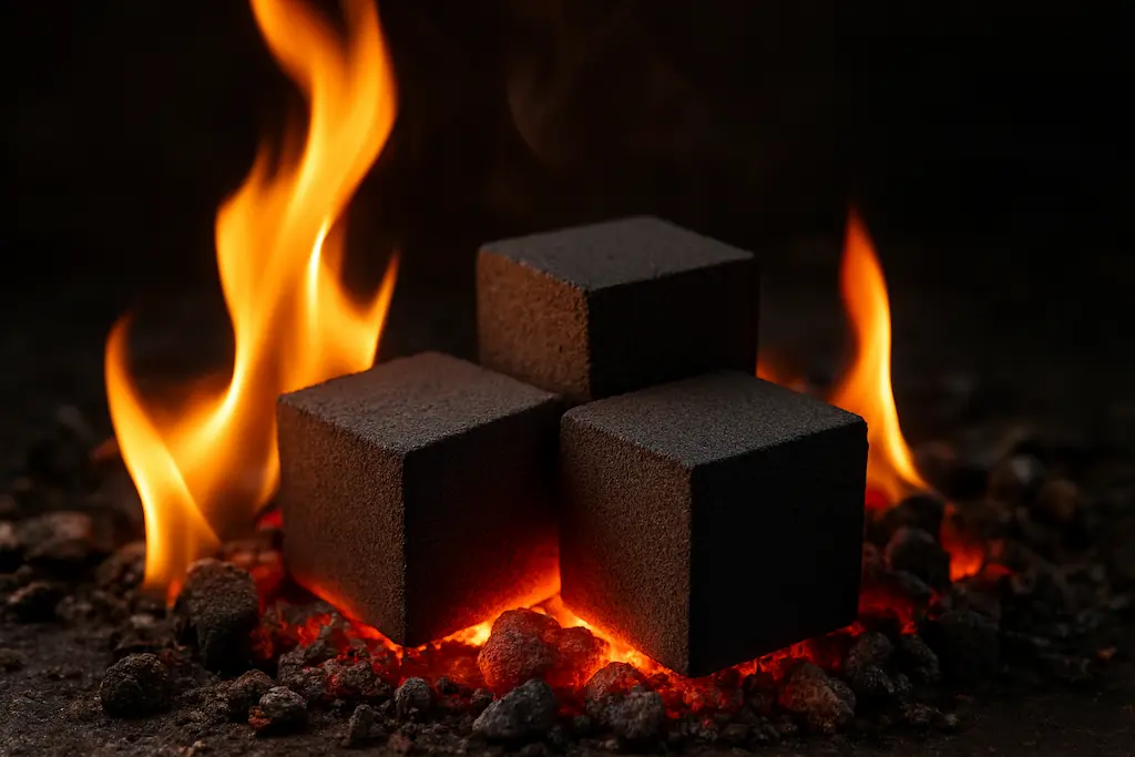 Close-up of a burning coconut charcoal briquette showing high heat