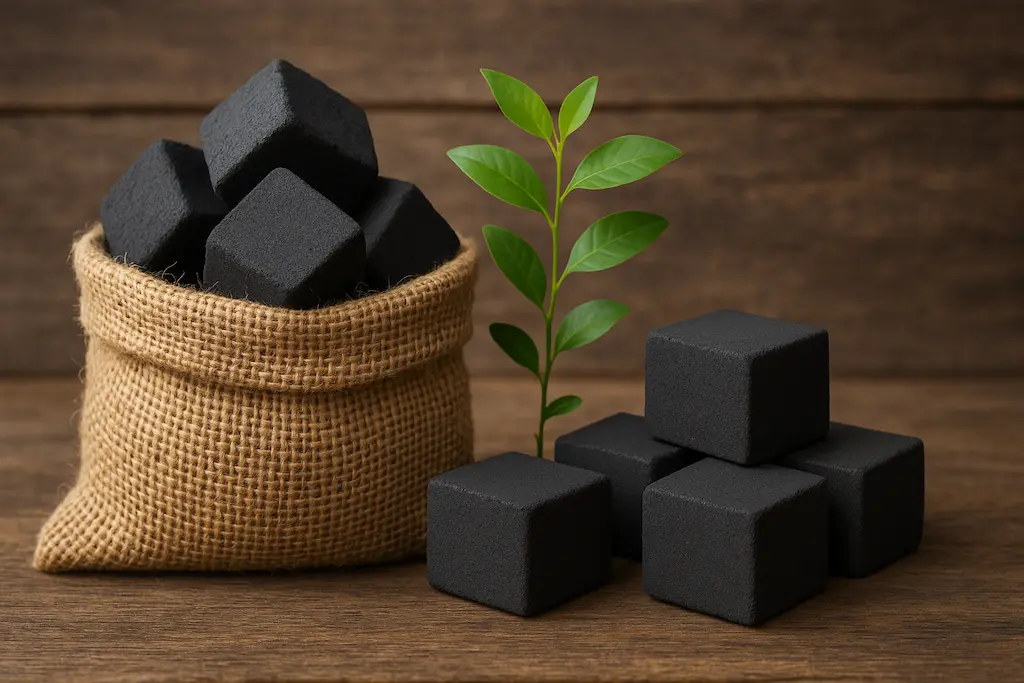 Sustainable coconut farm in Indonesia with harvested coconut shells