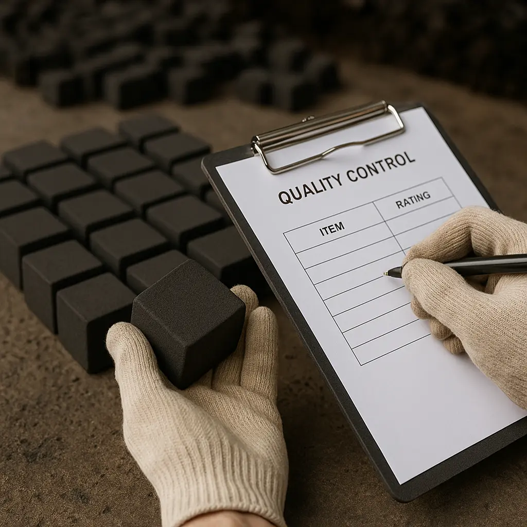 Quality control inspection of briquette charcoal in a factory